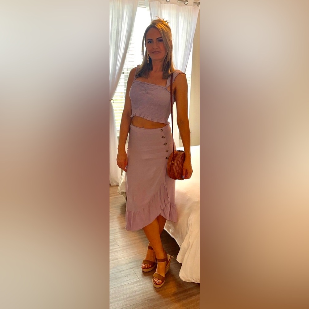 Elegant Lavender Two Piece Button-Detail wrap Skirt with ruched top